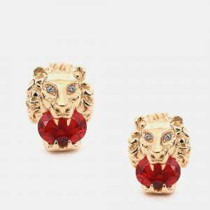 Pre Owned Gucci 18K Yellow Gold/Fire Opal/Diamond Set Lion Head Earrings