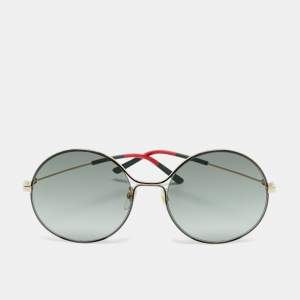 Pre Owned Gucci Black/Gold Tone GG0395S Round Sunglasses