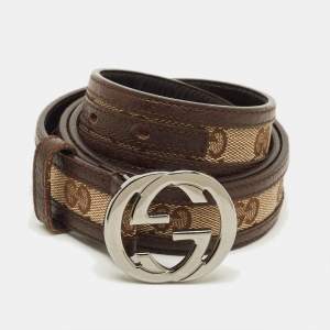 Pre Owned Gucci Interlocking G 90 CM Buckle Belt Beige/Brown GG Canvas and Leather