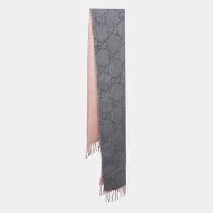 Pre Owned Gucci Lurex Grey & Pink Logo Jacquard Wool Fringed Scarf