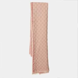 مملوكة مسبقًا Gucci Peach GG Jacquard Wool Blend Fringed Scarf 