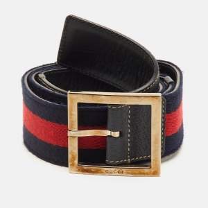 Pre Owned Gucci Navy Blue/Red Leather and Web Stripe Buckle Belt 85CM