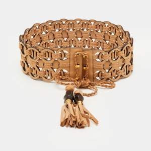 Pre Owned Gucci Beige Leather Braided Tassel Bamboo Waist Belt 80CM