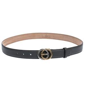 Pre Owned Gucci Dark Grey Leather Interlocking G Buckle Belt 95CM