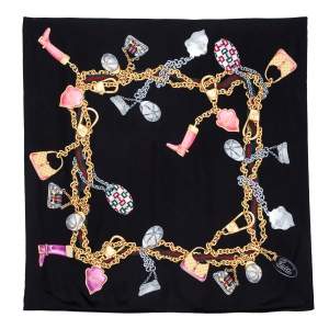 Pre Owned Gucci Black Multi Icon Print Silk Scarf