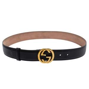مملوكة مسبقًا Gucci Black Leather Interlocking G Buckle Belt 85CM