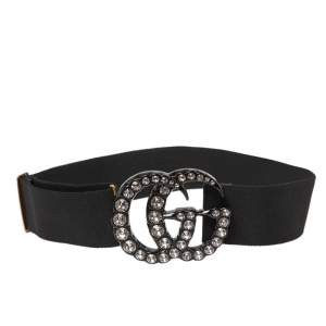 Pre Owned Gucci Black Elastic Band Crystal Double G Buckle Waist Belt 80
