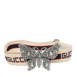 مملوكة مسبقًا Gucci White Elastic Band Crystal Embellished Butterfly Buckle Belt 90 CM