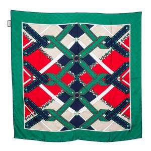 مملوكة مسبقًا Gucci Green Guccissima Pattern Chain Argyle Print Silk Scarf 