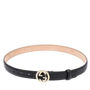 مملوكة مسبقًا حزام غوتشي رفيع إبزيم جي جي متداخل جلد أسود 75 سم