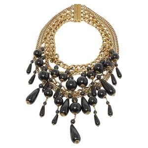 مملوكة مسبقًا Gucci Black Beaded Gold Tone Chain Layered Choker Necklace