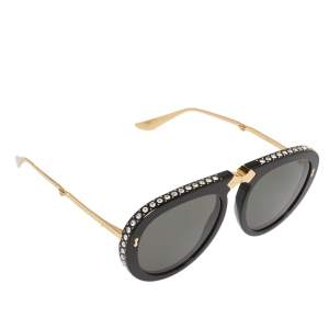 مملوكة مسبقًا Gucci Black Crystal Studded /  Grey GG0307S Foldable Pilot Sunglasses