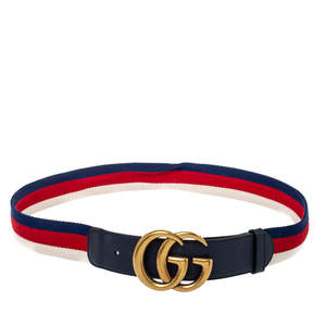 مملوكة مسبقًا حزام غوتشي ويب كانفاس وجلد أزرق كحلي دوبل جي مقاس 85 سم