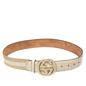 مملوكة مسبقًا Gucci White/Beige Web Canvas and Leather Interlocking G Belt 80CM