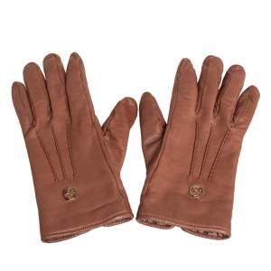 Pre Owned Gucci Brown Soft Leather Interlocking G Gloves Size L