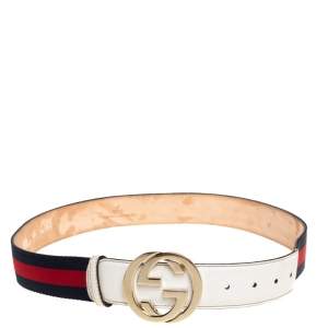 مملوكة مسبقًا Gucci White Leather and Web Canvas Interlocking G Buckle Belt 90CM