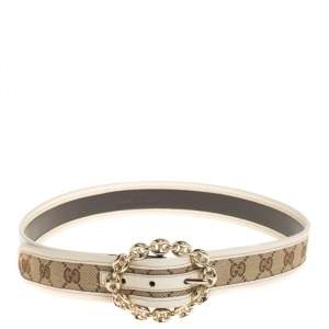 مملوكة مسبقًا حزام غوتشي إبزيم سلسلة جلد و كانفاس جي جي بيج و كريمي مقاس 80 سم