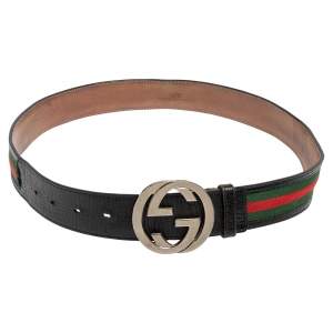 مملوكة مسبقًا حزام غوتشي إبزيم جي متشابك كانفاس ويب وجلد أسود 85 سم