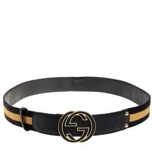 مملوكة مسبقًا حزام غوتشي جلد و كانفاس أسود / بيج حرفي جي جي متشابكين بإبزيم 90 سم