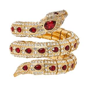 مملوكة مسبقًا سوار غوتشي معدن ذهبي اللون مرصع كريستال ثعبان ثلاثي الالتفاف