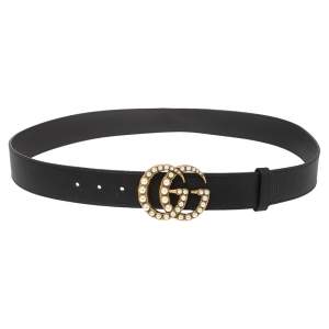 مملوكة مسبقًا حزام غوتشي إبزيم حرف جي مزدوج مزخرف لؤلؤ جي جي جلد أسود 100 سم