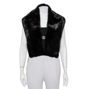 Pre Owned Gucci Black Mink Fur Logo Brooch Detail Shrug (One Size)