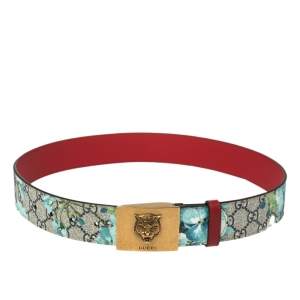 Pre Owned Gucci Blue Blooms GG Supreme Tiger Head Buckle Belt 80CM