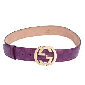 مملوكة مسبقًا حزام غوتشي بإبزيم G متداخل جلد غوتشيسيما بنفسجي 85 سم
