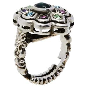 Gucci Multicolor Crystal Silver Tone Flower Ring 14
