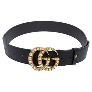 مملوكة مسبقًا Gucci Black Leather GG Pearl Embellished Double G Buckle Belt 85 CM