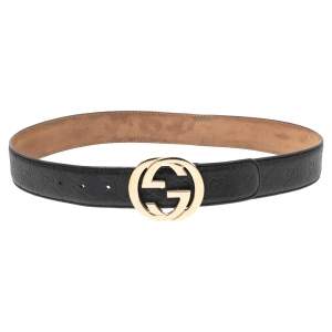 Pre Owned Gucci Black Guccissima Leather Interlocking G Buckle Belt 85CM