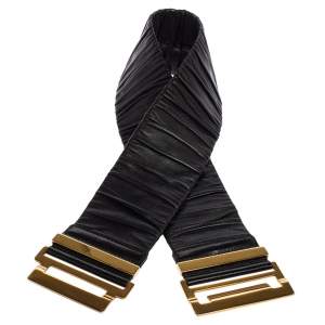 Pre Owned Gucci Black Pleated Leather Elastic Waist Belt 70CM