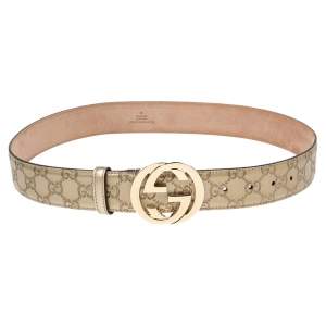 مملوكة مسبقًا حزام غوتشي بإبزيم جي متداخل جلد غوتشيسيما ذهبي ميتاليك 90 سم