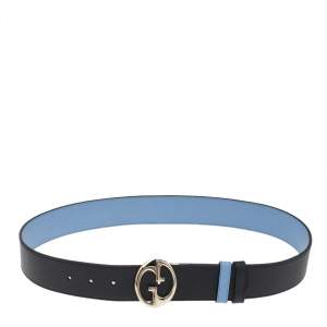 مملوكة مسبقًا حزام غوتشي جلد أسود/أزرق 1973 بوجهين 90 سم
