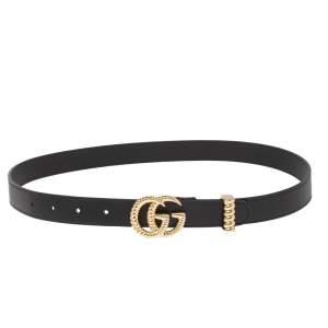 مملوكة مسبقًا حزام غوتشي رفيع إبزيم حرف جي مزدوج تورشون جلد أسود مقاس 85 سم