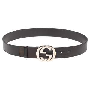 Pre Owned Gucci Black Leather Interlocking G Buckle Belt 85CM