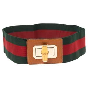 Pre Owned Gucci Green/Red Elastic and Leather Web Bamboo Waist Belt 75CM