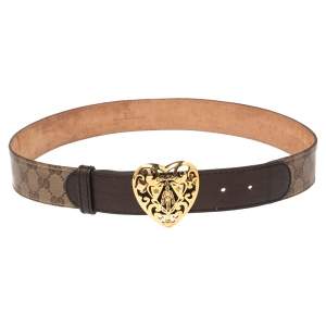 Pre Owned Gucci Brown/Beige GG Crystal Canvas and Leather Crest Buckle Belt 90CM