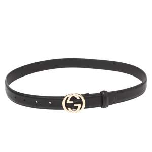 Pre Owned Gucci Black Leather Interlocking G Buckle Slim Belt 85CM