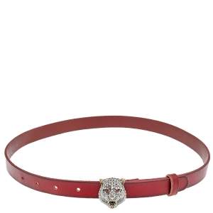 Pre Owned Gucci Red Leather Feline Head Crystal Belt 70CM