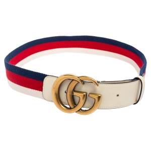 Pre Owned Gucci Multicolor Canvas and Leather Web GG Marmont Belt 90CM