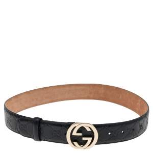 Pre Owned Gucci Black Guccissima Leather Interlocking G Buckle Belt 80 CM