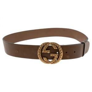 Pre Owned Gucci Brown Leather Interlocking GG Buckle Belt 90 CM