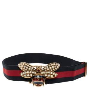 Pre Owned Gucci Multicolor Web Canvas Bee Embellished Buckle Belt 75CM
