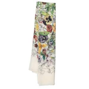 Pre Owned Gucci Off White Floral Printed Silk Chiffon Scarf