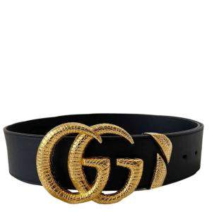 Pre Owned Gucci Black/Gold Leather Snake Effect Belt 85/34