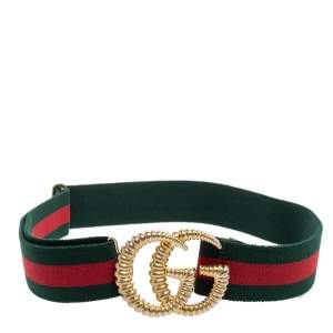 Pre Owned Gucci Green/Red Canvas Torchon Double G Web Belt 90CM