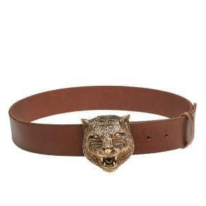 Pre Owned Gucci Brown Ombre Leather Tiger Head Belt 85CM