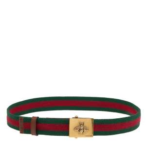 Pre Owned Gucci Brown/Green Web Tape And Leather Bee Plague Buckle Belt 80 CM