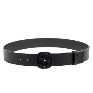 Pre Owned Gucci Black Leather Matte Interlocking G Buckle Belt Size 85
